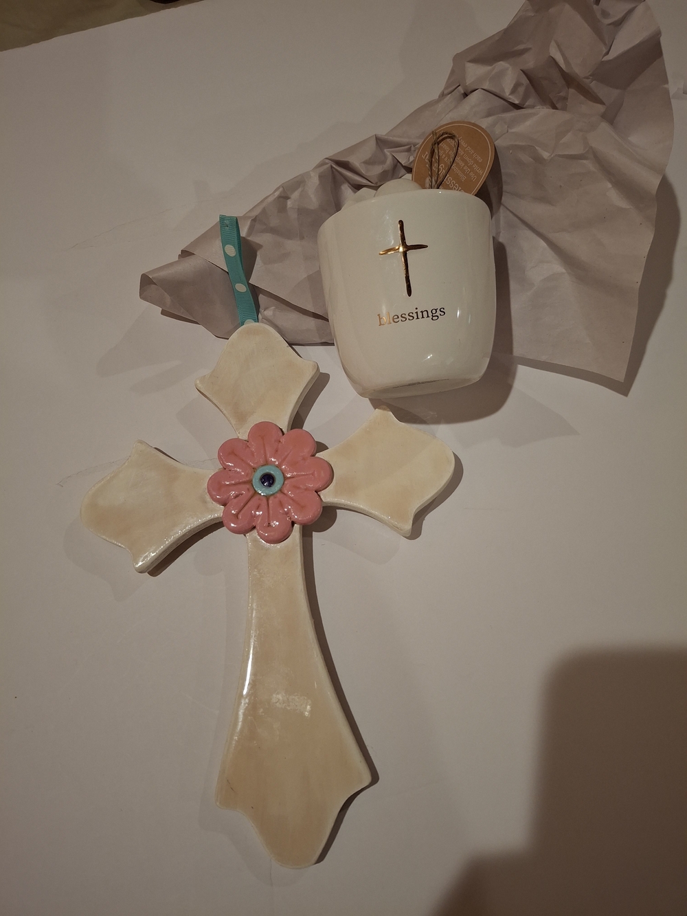 Ceramic Wall Cross with Pink Floral Accent With Blessing Jar